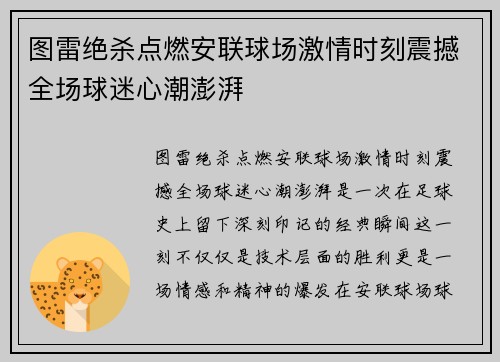 图雷绝杀点燃安联球场激情时刻震撼全场球迷心潮澎湃