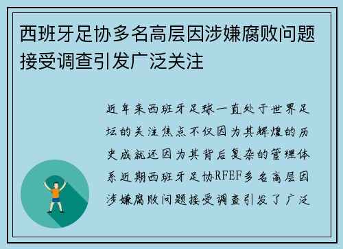 西班牙足协多名高层因涉嫌腐败问题接受调查引发广泛关注