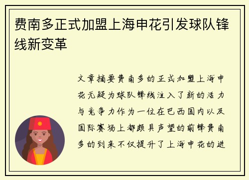 费南多正式加盟上海申花引发球队锋线新变革 费南多正式加盟上海申花引发球队锋线新变革